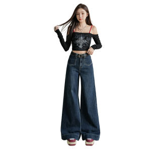High Waist Wide Leg Denim Jeans Womens Spring Autumn Loose Fit Ruffle Hem Trousers Comfortable Breathable Anti-Wrinkle
