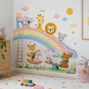 Watercolor Rainbow Animal Wall Stickers Giraffe Lion Fox Decal Self Adhesive Wallpaper for Kids Room Playroom Nursery Decor