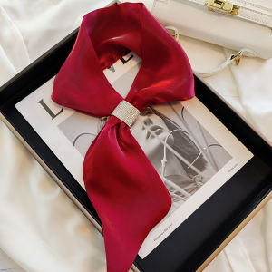 Red Diamond Encrusted Small Silk Scarf Womens Fashionable Long Neck Warmer Spring Autumn Polyester Fiber Pure Color Korean Style