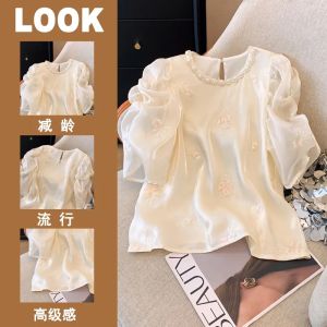 Plus size women clothing 150.00kg Heavy Industry Embroidery Pearl Collar Shirts Chubby Girl Summer Loose Age Reducing Puff sleeve Top Tide 2