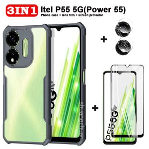 For Itel P55 4G case P55 5G tempered glass film +camera lens film 3IN1 itel P55 Acrylic fall-proof phone case