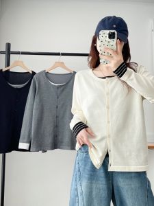 เสื้อคาร์ดิแกนถักลายทางหลวมๆ สำหรับผู้หญิงไซส์ใหญ่ ฤดูใบไม้ร่วง 2025 แฟชั่นเกาหลี ทรงหลวม ทรงสลิม แขนยาว ปกติ