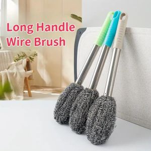 1Pcs Stainless Steel Long Handle Pot Brushes with Wire Balls Rust-Resistant Kitchen Scrubbers