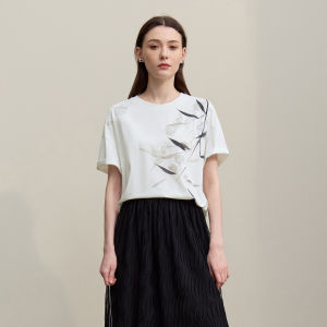 AMII | Chinese Style Bamboo Bird Print Loose T-shirt