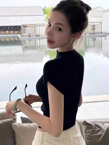Slim Fit Half High Collar Black Knitted Short Sleeve T-Shirt Womens Summer Fashionable High-End Style Commute Korean Version