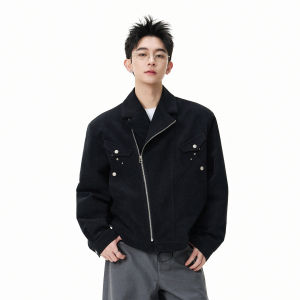 WUKONGYOUHUO | Vintage American Studded Off-Center Zip Suede Jacket