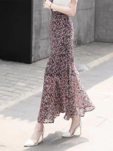 Elegant High Waist Midi Skirt Womens Summer New Fashion A-Line Slimming Chiffon Floral Print Fish Tail Skirts