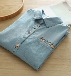 Spring Autumn Loose Fit Long Sleeve Cat Embroidery Pocket Denim Shirt Womens Outerwear Sweet Style Japanese Style Polo Collar