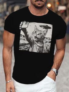 Mens Casual UFO T-Shirt Cat Selfie Tee - Breathable Polyester Short Sleeve Round Neck T-Shirt for Summer