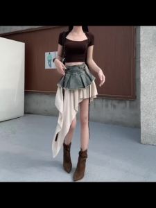 Summer Retro Fashion 2026 Elegant Vacation Blue Denim Stitching Irregular Skirt Womens High Waist Versatile Pleated Long Skirt