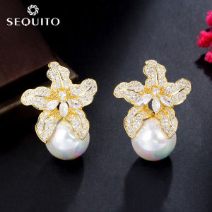 SEQUITO High Grade Women Evening Party Jewelry Yellow Gold Plated Full Pave Bling White AAA Cubic Zirconia Flower Drop with Big Pearl Handmade Dangle Earrings SE658