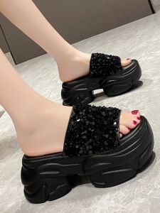 Womens Summer Thick Bottom Platform Slippers Outdoor Wear Bright Sequin Slip-On Flats Korean Style High Heel PU Leather