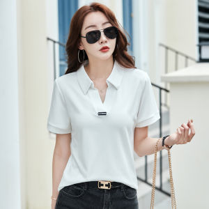 Women Short Sleeve Lapel T-shirt Solid Color V-neck Tops 95% Cotton