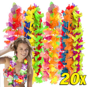 20Pcs Hawaiian Artificial Flower Wreath Necklace Hawaii Theme Party Garland Summer Beach Wedding Birthday Party Decor Supplies