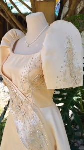 HABLON Elegant Modern Filipiniana Mestiza Sided Midi Dress 3D Floral Lace Metallic Beads Golden Mocha Gazar Fabric