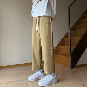 Black Casual Cotton Straight Leg Loose Mens Summer Sporty Wide Leg Pants Trendy Loose Workwear Nine Point Trousers