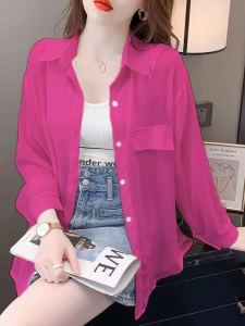 เสื้อเชิ้ตลายเซ็นเซอร์แฟรี่หลวมระบายอากาศได้ดี ผ้าชีฟองบาง ฤดูร้อน 2024 เสื้อคลุมกันแดดสีพื้นแบบบาง เสื้อคลุมกันแดดแบบสวมหน้ากาก