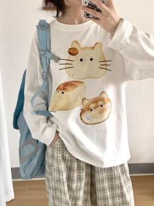 Sweet Cool Cute Fun Bread Kitten Print Pure Cotton Long Sleeves T-shirt Early Autumn Loose Casual All-Matching round Neck T-shirt