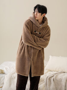 Autumn and Winter Mens Pajamas Thick and Fluffy Hooded Loungewear Coral Fleece
