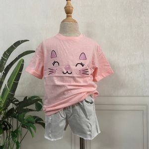 Áo thun cotton xuất khẩu Geejay bé gái hình mèo chấm bi
