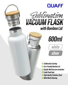 Print Digital Quaff Sublimation Vacuum Flask with Bamboo Lid 600ml White | Silver