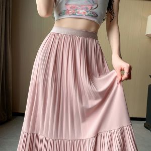 Stylish Patchwork Pleated Skirt Womens Summer Draping Effect Large Swing Skirt Gentle High Waist Slim Looking A- line Midi Skirt
