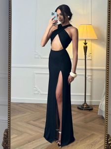 ชุดเดรสยาวแขนกุดเอวสูงไม่มีแขนเปิดหน้าท้องด้านข้าง ชุดเดรสยาวคลุมเข่าสำหรับงานปาร์ตี้ในช่วงฤดูร้อน