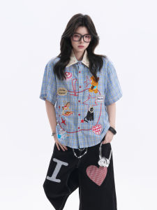 zuocisankon | Cute Cartoon Embroidery Plaid Shirt Collar Short Sleeve