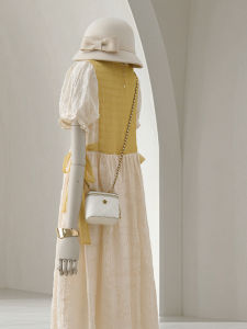 Yellow Splice Design Summer New Bubble Sleeve French Vintage Tea Break Dress Womens A-Line Midi Dress Korean Style Commute