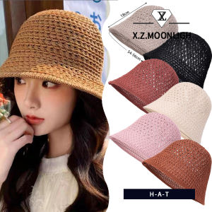 【X.Z.MOONLIGH】Summer Breathable Handmade Crochet Soft Hat Womens Hollow Foldable Knitted Fisherman Hat Beach Simple Hat