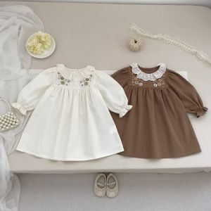 Spring Autumn Kids Clothes 1-6Yrs Pastoral Baby Long-Sleeved Embroider Floral Doll Dresses Children Sweet Princess Girls Dress