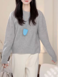 QINGNAER | Korean Style Laid-back Loose Slim Big Size Gray Round Neck Long Sleeve Knitwear