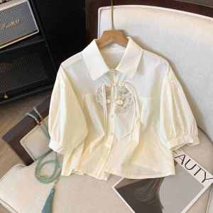 Chic Pure Cotton Short Sleeve Loose Womens Shirt Summer New Style Beautiful Collar Small Shirt Korean Version Bubble Sleeve