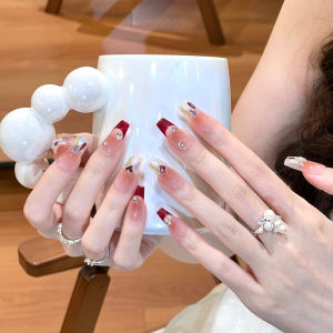 Handmade Red Nail Tips Wearable Nail Art Long Lasting Glue on Nail Tips Medium Length Autumn Winter New Arrival Wedding Celebration