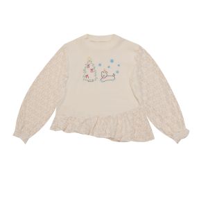 White Knitted Lace Patchwork Christmas Embroidery SemenCoicis Retro Girls T-shirt 100% Cotton Festive Fun Childrens Wear
