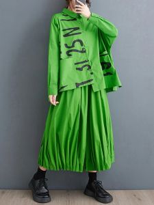 XITAO Pleated Pants Sets Irregular Shirt Letter Print Turn-down Collar Two Pieces Sets HQQ1909