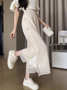 WANGGONGZHU | New Chinese Style Womens Summer Wide Leg Pants Casual Thin Mesh Skirt Pants High Waist Nine Points Regular Thickness