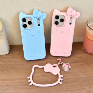 Sanrio | INS Hello Kitty Phone Case For iPhone 12 13 14 15 16 17 Pro Max 14 15 Plus Silicone Shockproof Back Cover with Kitty Wrist Strap