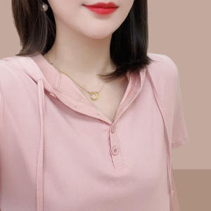 Summer New Ladies Pure Cotton Short Sleeve T-Shirt Short Style Top Hooded Popular Womens Fashion Anti-Aging Korean Version