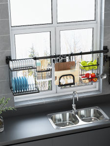 Black Stainless Steel Multi-Functional Kitchen Window Sill Storage Rack Wall-Mounted Hanging Rod Hook Organizer Shelf