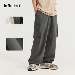 INFLATION Brand Mens Youth 2024 Summer New Wrinkle Work Suit Straight Tube Pants Mountain Style Wrinkle Straight Tube Pants Large Pocket Wide Leg Loose Casual Pants