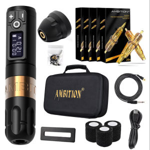 Ambition | Ambition Soldier Wireless Tattoo Machine Pen Kit Coreless Motor with 2400mAh Battery 80pcs Mixed Cartridge for Tattoo Artist