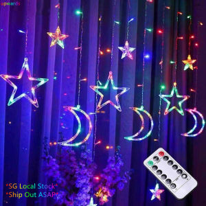 ✨SG Ready Stock✨Remote Star Moon String Outdoor 8 Lighting Modes Waterproof Solar Powered Curtain Lights for Garden Yard Multicolored