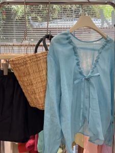 VKSOD | Áo sơ mi nữ tay dài cổ chữ V thắt nơ kiểu Pháp mùa hè rộng rãi màu xanh lam áo len cardigan dáng ôm vừa vặn