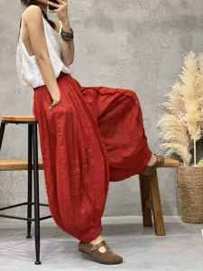 2024 Retro Patchwork Double-Layer Bloomers Multi-Piece Loose Burrs Slim Looking Ramie Personality plus Size Pumpkin Pants Female Summer