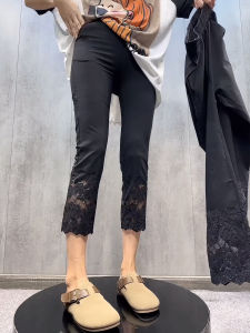 กางเกงขายาวทรงตรงเอวสูงลายลูกไม้สีดำสไตล์ใหม่ฤดูร้อนปี 2025 กางเกงขายาวทรงเข้ารูปผ้าผสมโพลีเอสเตอร์และคอตตอน