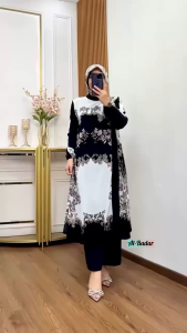 SETELAN CELANA CERUTY MIX KRINGKEL MODEL TERBARU PLUS HIJAB/SETCEL LONG TUNIK IMPORT/MOTIF MEWAH/BISA COD
