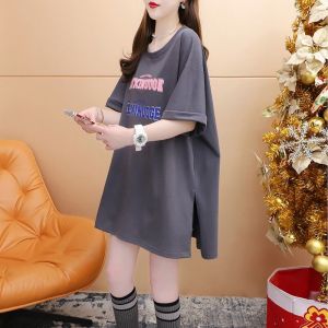 Womens Mid-Length Pure Cotton Short-Sleeve T-Shirt Large Size Back Design Side Slit Suitable for Shark Pants Barbie Pants