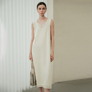 Yasako Minimalist Knitted Acetate Cotton Vest Dress Layered Elegant Simple H-Line Midi Dress Sleeveless round Neck Spring Summer