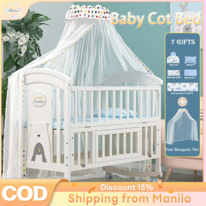 Solid Wood Baby Crib  Elegant European Design Mobile Rolling Bed & Included Mosquito Net Convertible Crib for Newborns